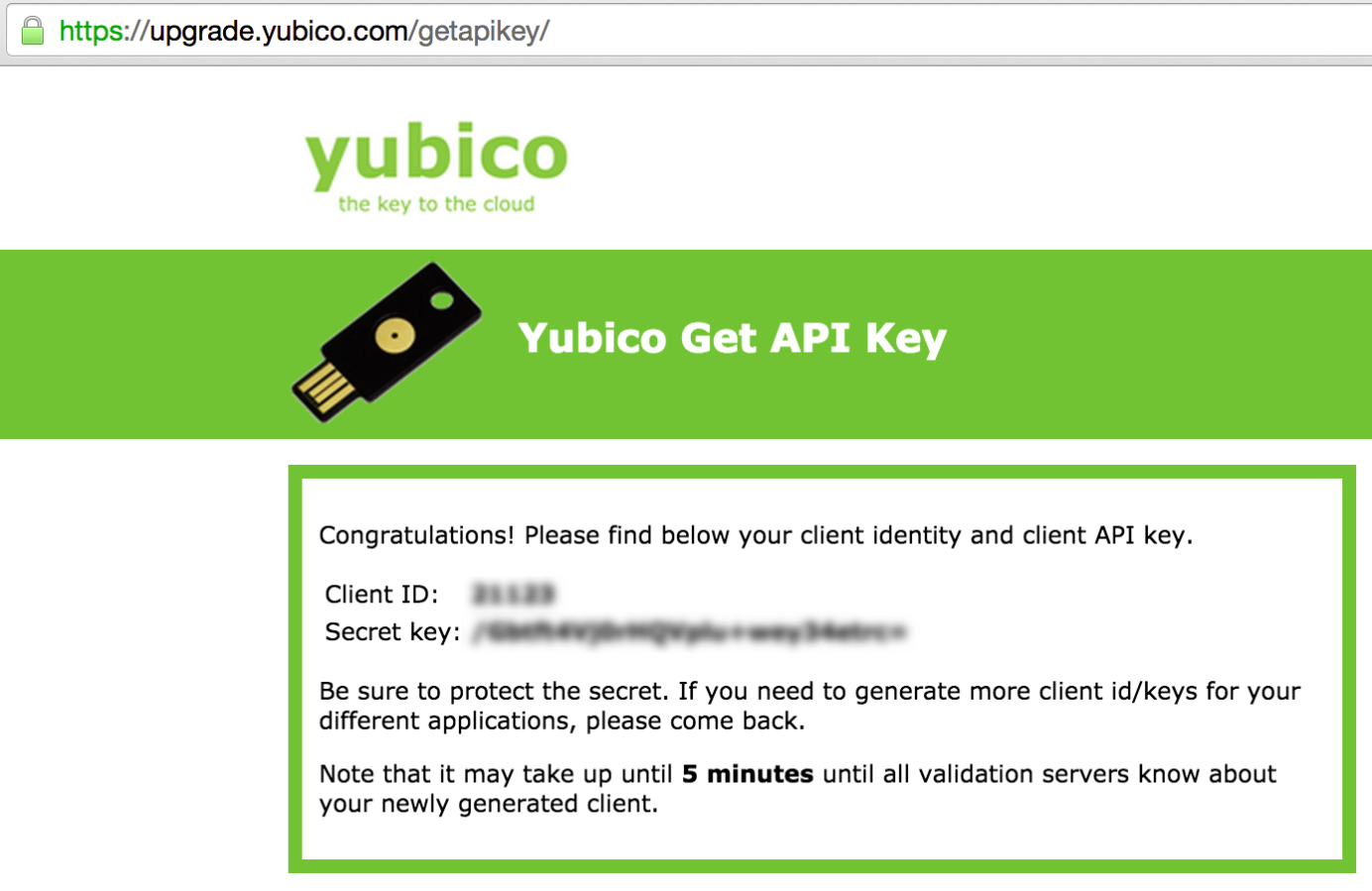 Confirmation des identifiants API Yubico