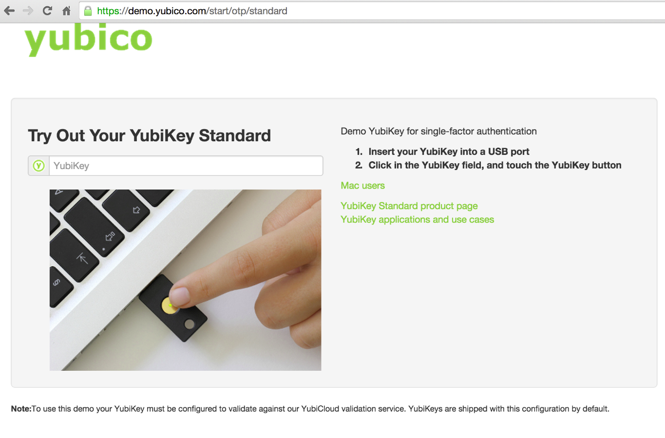 Page de démonstration Yubico