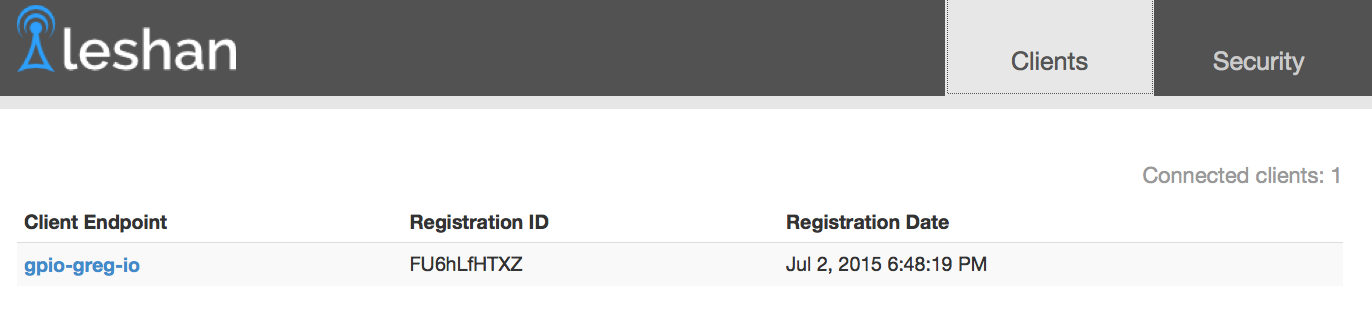 Capture d'écran montrant l'enregistrement du client GPIO auprès du serveur Leshan