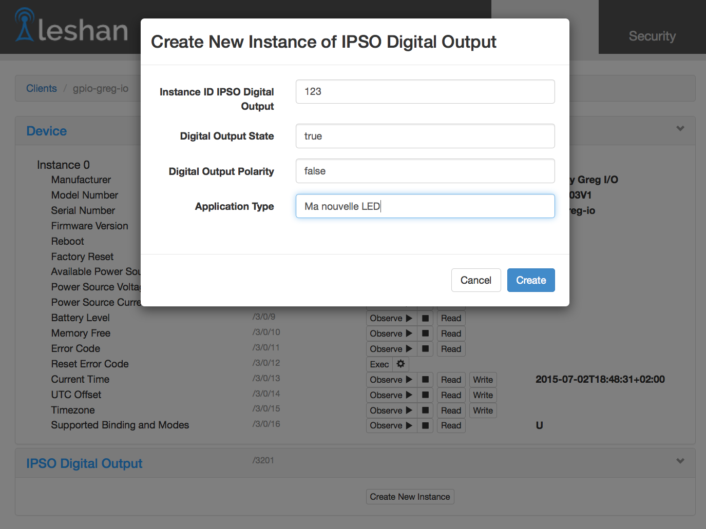 Capture d'écran montrant la création d'un objet GPIO depuis l'interface du serveur